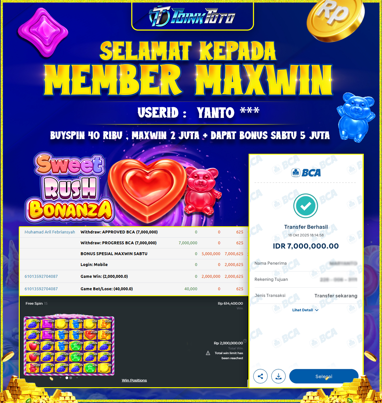 TOINKTOTO JACKPOT GAME SLOT SWEET RUSH BONANZA Rp.7.000.000.,- LUNAS